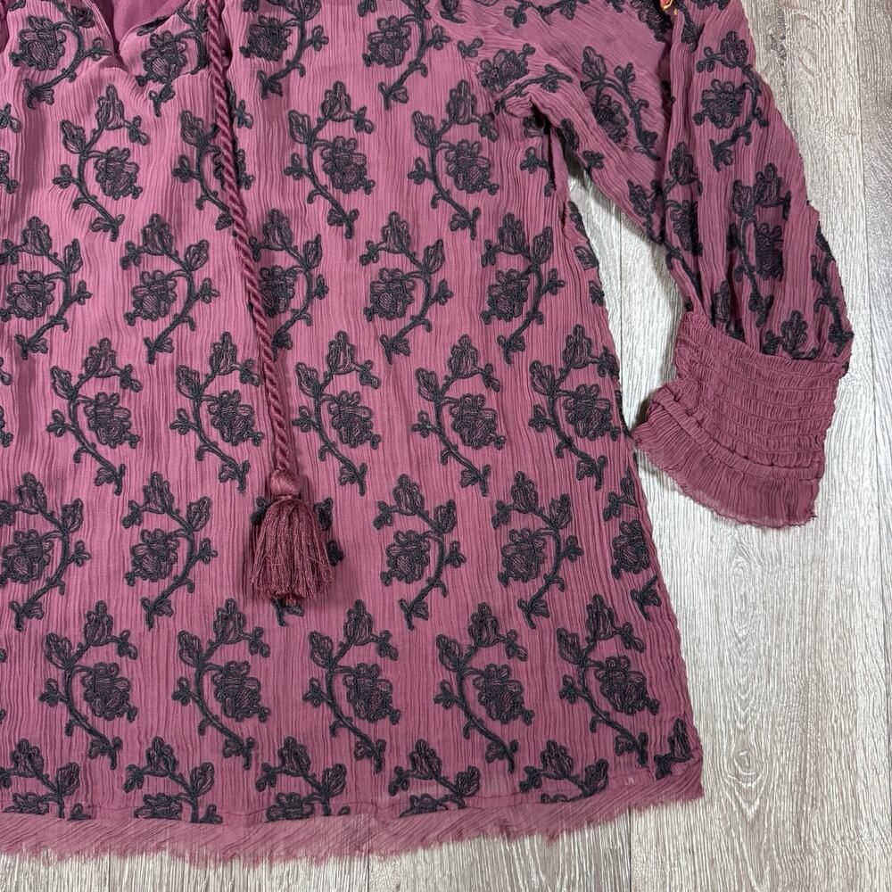 Sundance Gemma Elegance Embroidered Top Maroon Popover Blouse Size XL - Picture 5 of 15